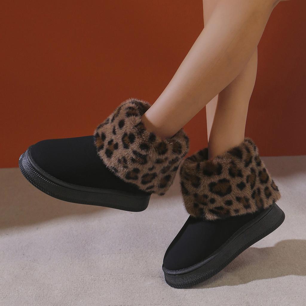 Leopard Women Ankle Snow Boots Fur Suede Fashion Platform Warm Shoes Winter Short Plush Goth Boots Casual Chaussure Femme