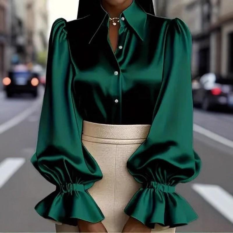Womens Solid Color Bubble Sleeve Long Turn-Down Collar Satin Blouse Office Chic Elegant Workwear