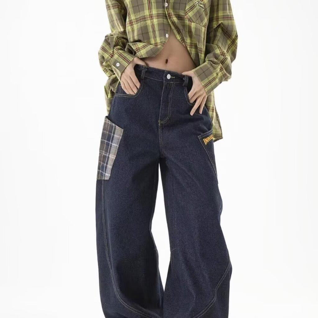 American Retro Leopard Print Patchwork Scimitar Jeans for Men - 2024 Autumn Loose Slimming Wide-Leg Pants