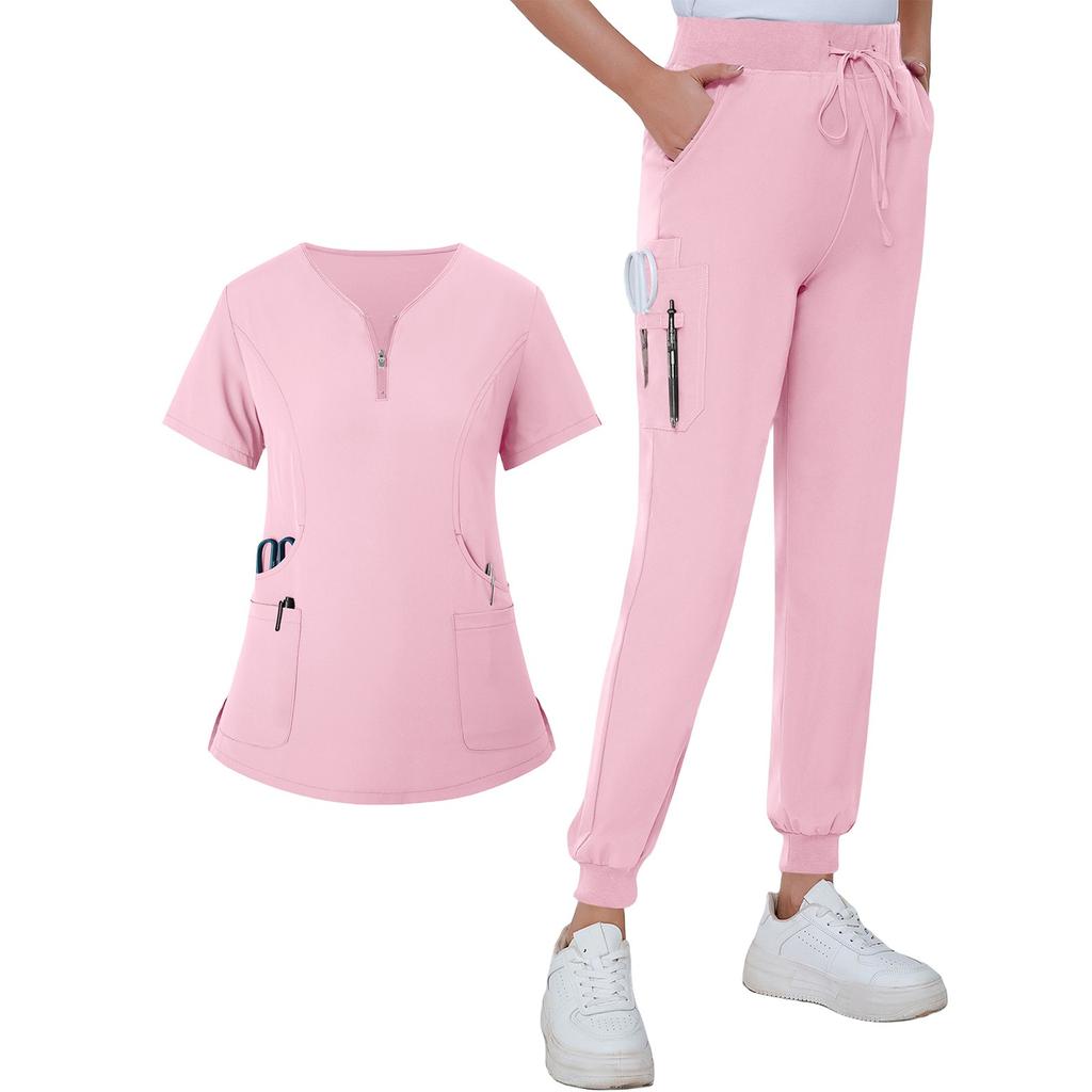 Женская летняя свободная униформа с V-образным вырезом на молнии с карманами и короткими рукавами