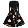 Women's Casual Vintage Halloween Print Dress Long Sleeve Round Neck Retro Style Fit and Flare Midi Dress with Waist Tie