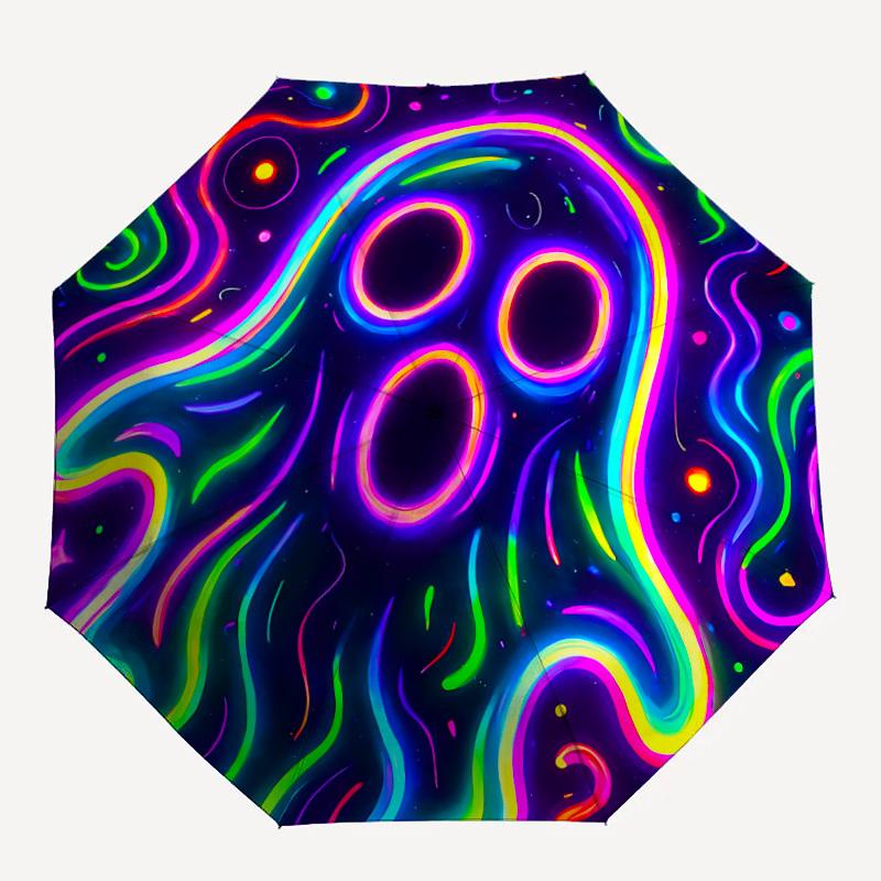 1pc Neon Ghost Automatic Folding Umbrella with 8-Rib Windproof Design, Portable Foldable Sunshade Umbrella For Halloween 017