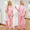 Женские атласные пижамы, спальные костюмы, принтованные рубашки с короткими рукавами и длинными брюками, комплект из 2 предметов, имитация шелка, одежда для сна и отдыха