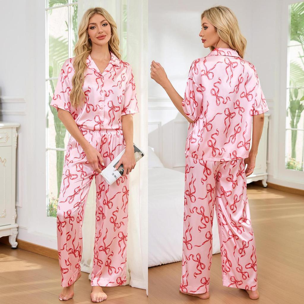 Женские атласные пижамы, спальные костюмы, принтованные рубашки с короткими рукавами и длинными брюками, комплект из 2 предметов, имитация шелка, одежда для сна и отдыха