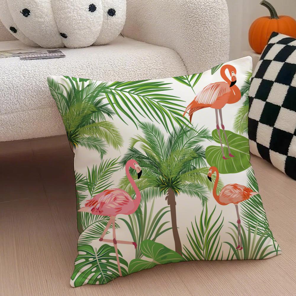 Forest Flamingo Palm Leaves Plant Pattern Art Cushion Cover Throw Pillow Cover Hidden Button Durable Polyester Chair Cushion