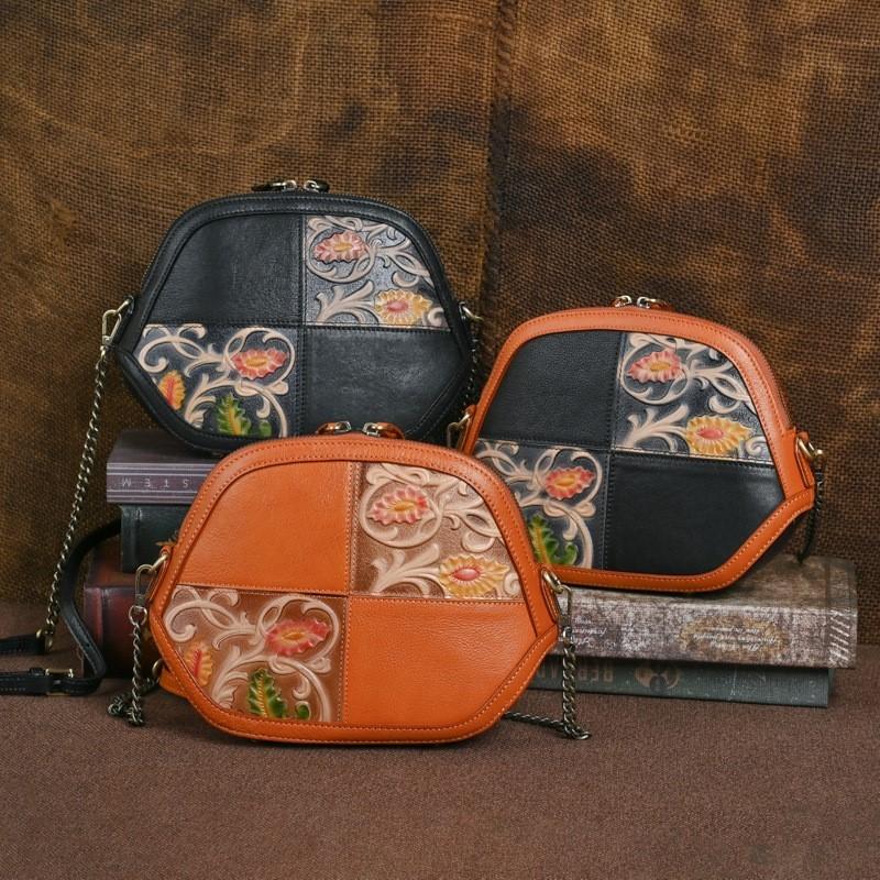 Johnature Vintage Embossed Genuine Leather Shell Bag Women Versatile Natural Real Cowhide Shoulder & Crossbody Bags