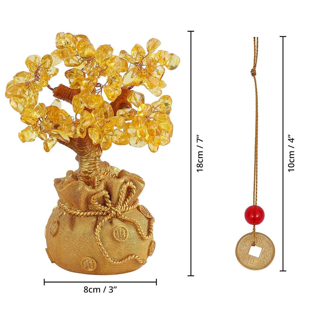 New Gold Crystal Ornaments with Hanging Coin Charms for Health, Wealth and Happiness - Table Decor, Living Room, Office (7 X 3 Inch)