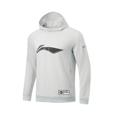 Li Ning CBA Professional Basketball Series Logo Print Sweat-Absorbing Hooded Fleece Sweatshirt Men sweatshirt Chuan-Stone-Grey AWDT883-6