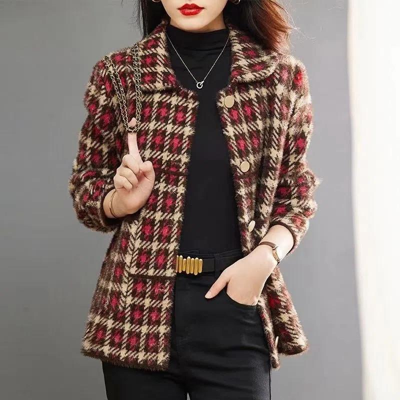 Весенне-осенняя высококлассная верхняя одежда из искусственного норкового бархата, утепленная свободная куртка, вязаное модное женское пальто с решетчатыми лацканами