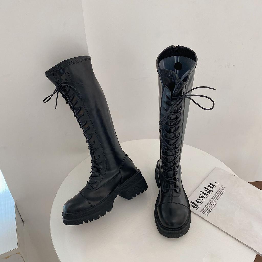 Мода Comemore Женские Длинные Сапоги Обувь До Колена Весенние Массивный Каблук Ботинок Панк Стиль Повседневные Белые Черные На Шнуровке Платформа Botas Женские