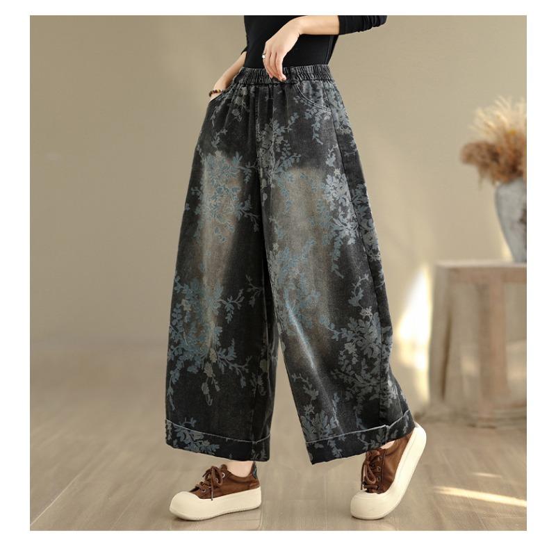 DIMANAF 2025 Большой размер Осенние джинсы Новые длинные брюки Цветочный принт Женские свободные джинсовые брюки Большой размер Повседневные