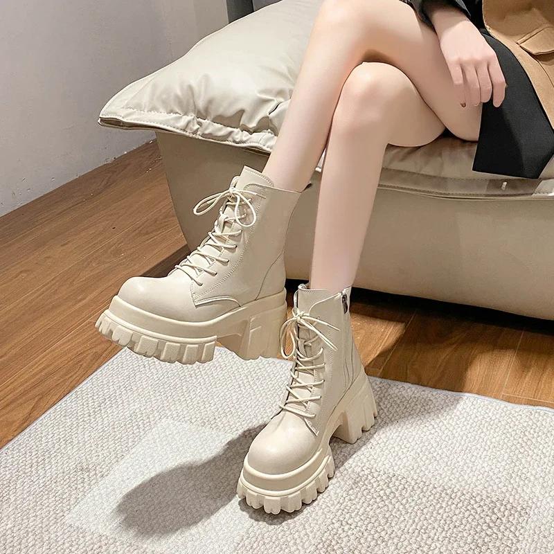 Fashion Lace Up Women High Platform Ankle Boots 2024 Winter Thick Sole Motorcycle Boots 9.5CM Heels Chunky Leather Sneakers Woman Shoes
