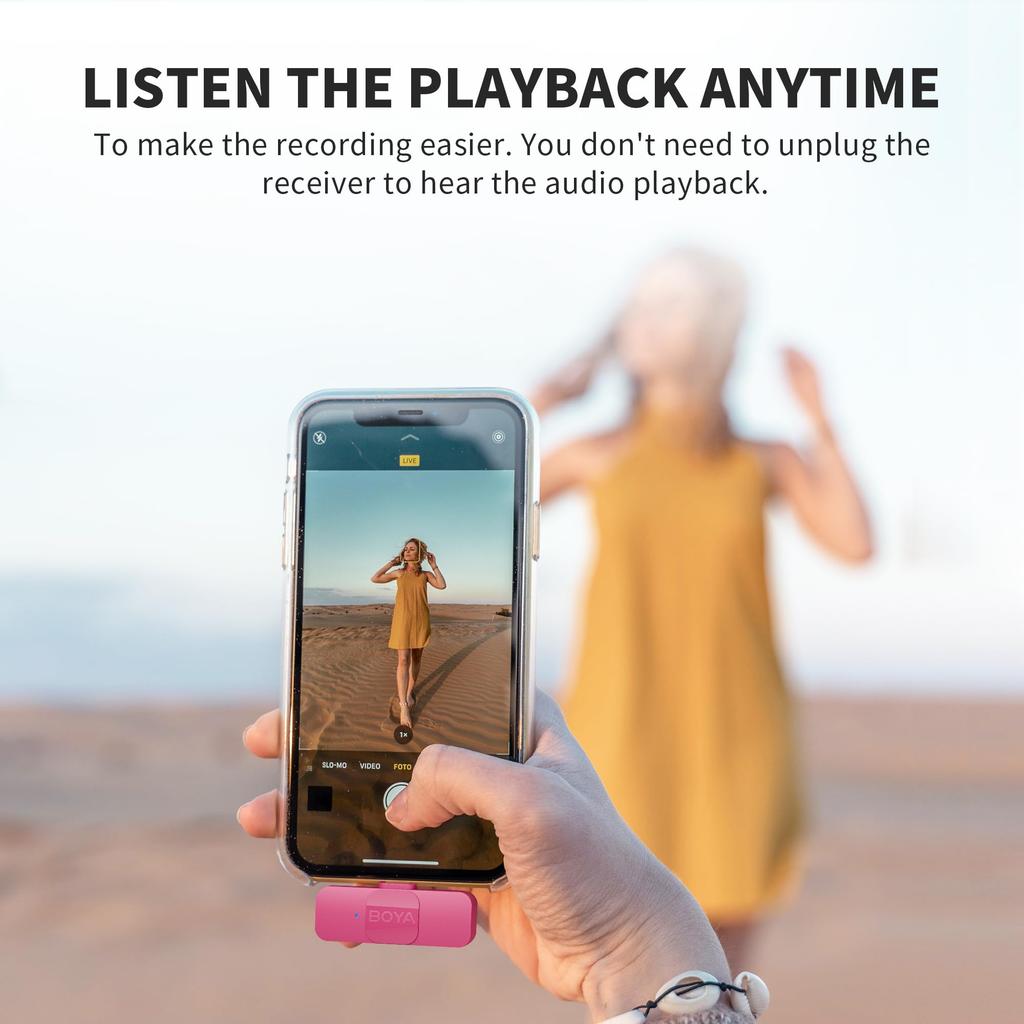 BOYA Wireless Lavalier Microphone, Omnidirectional, External Mini Lapel Microphone for iPhone, iPad, and Android Phones, Lightning USB-C (Pink, USB-C