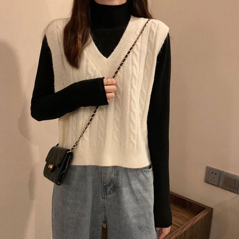 Loose V-neck Knitted Vest Women Spring Autumn and Winter Solid Color Twist All-match Waistcoat Sweater Vest