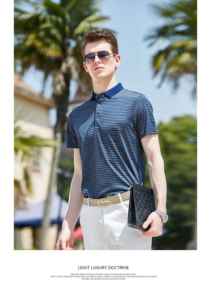 [12% Mulberry Silk] Men's Business Casual Striped Ice Silk Short-Sleeve T-Shirt