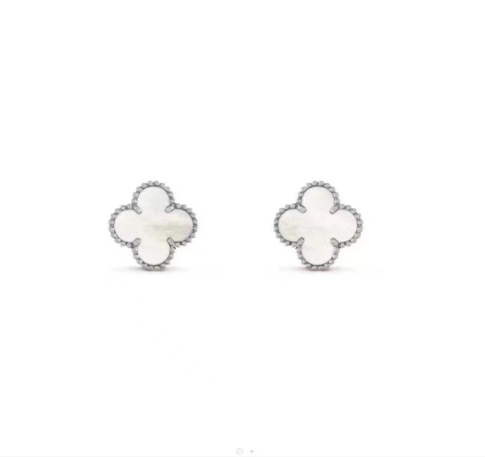 Four-Leaf Clover S925 Silver 9mm Stud Earrings with Red Agate, Black Agate, Turquoise, Butterfly, White Shell, Gray Shell, and Pink Shell for Women.