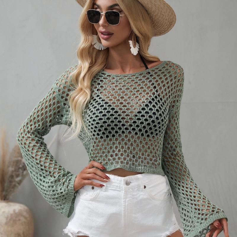 Летняя свободная трикотажная блузка с открытыми плечами, женские повседневные рубашки с расклешенными рукавами и круглым вырезом для женщин, модные элегантные однотонные укороченные топы 24123