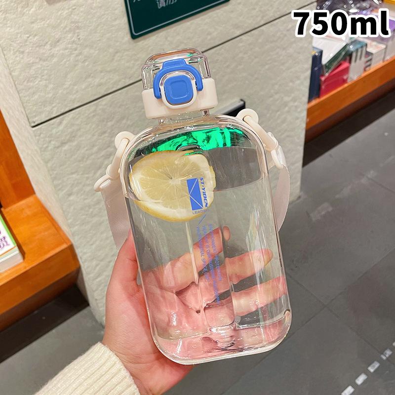 Square Flat Transparent Portable Water Bottle with adjustable strap lightweight for hiking school travel office