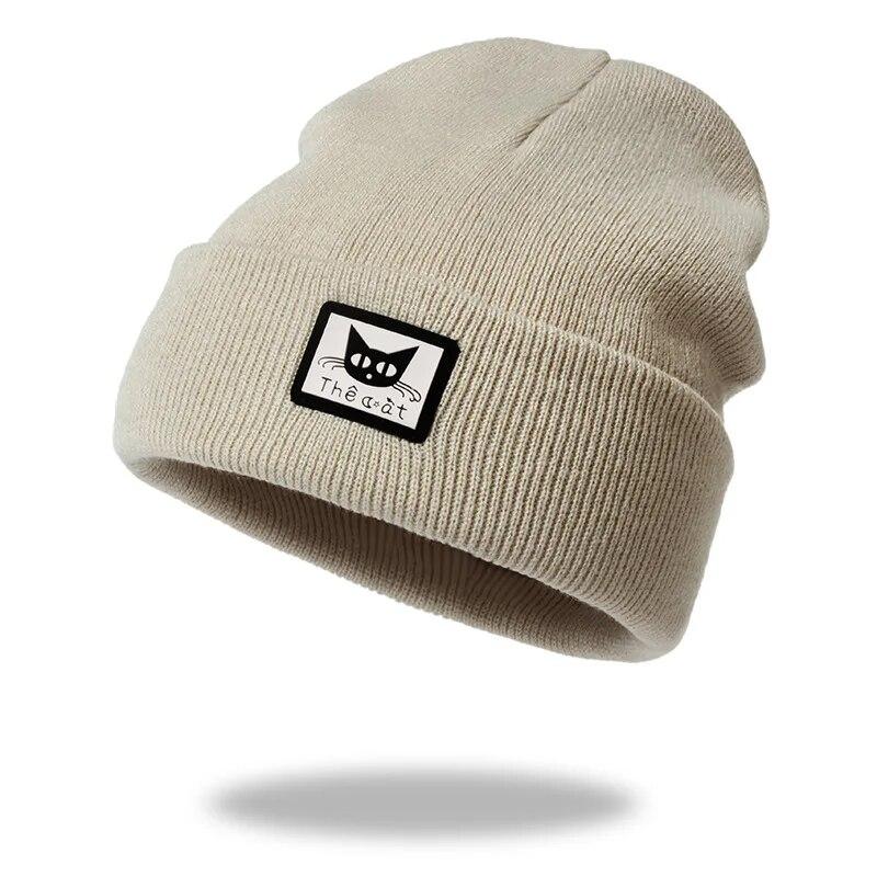 Осень-зима, новая модная модная вязаная шапка для женщин, розовые однотонные шапочки с нашивками, милые шапочки с манжетами в виде кота, женская лыжная шапка для девочек