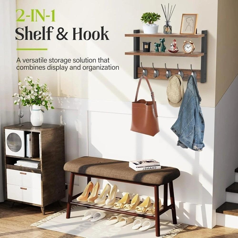 with Hooks Two-Tier Coat Rack Wall Mounted Entryway Coat Hook Wall Shelf for Bedroom Living Room