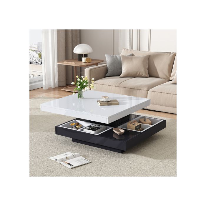 Table basse fonctionnelle avec plateau brillant, plateau pivotant à 2 niveaux avec compartiments de rangement,base noire 70*70*36cm