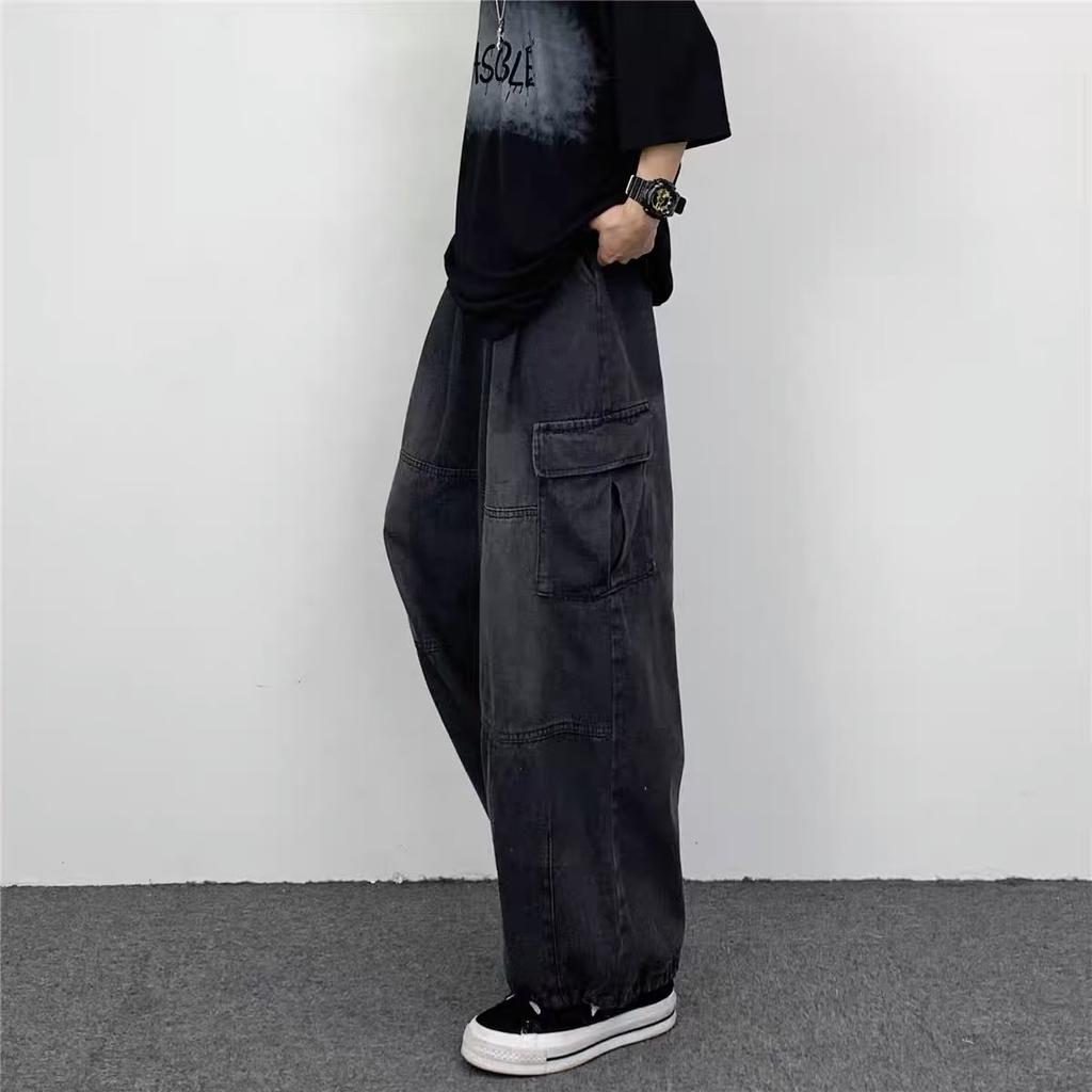 Men's Japanese Retro Wide Leg Large Pocket Workwear Jeans Loose Straight Jeans