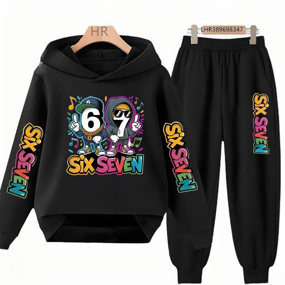 Autumn Kids Hoodie Black Boy Girl White Pink 3-12Yrs 67 Six Seven Print Clothing Casual Top+Trousers Child Gift Coat Set