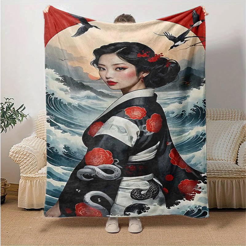 1pc Japanese Geisha Floral Print Blanket Home Decor, Couch Throw, Outdoor Blanket .W051
