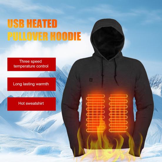 Men Heated Hoodie with 3 Heat Levels USB Heating Big Front Pocket Adjustable Temperature Settings Ribbed Cuffs Hem Top Long Sleeve Electric Hoodie