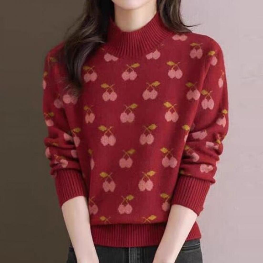Navava Cute Color Block Cherry Pattern Mock Neck Long Sleeve Knit Top Nk3475