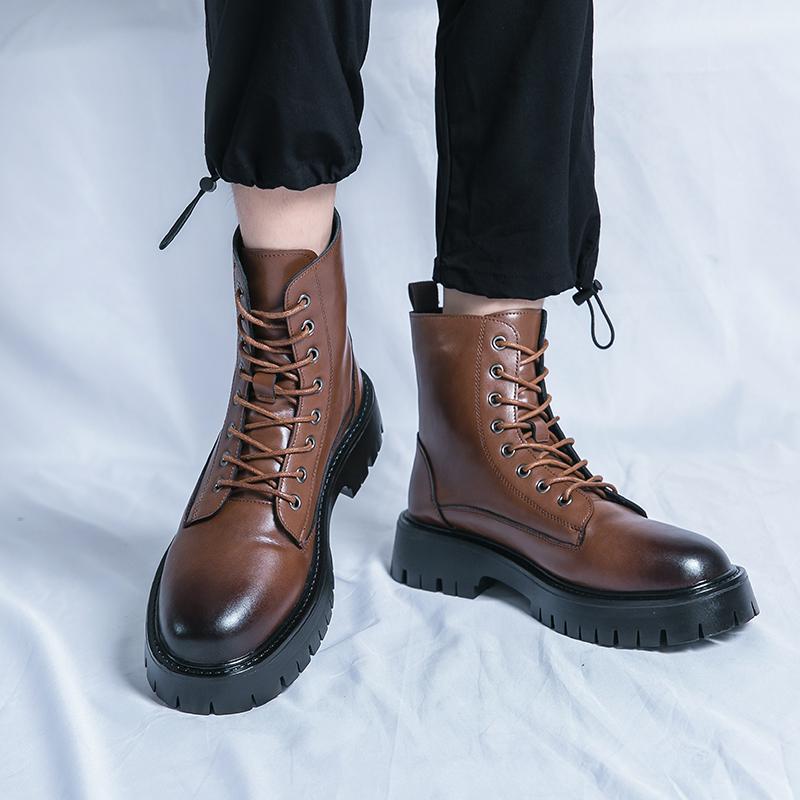 Модные мужские повседневные кожаные ботинки в британском стиле, оригинальные ботинки на платформе со шнуровкой, ковбойские ботинки на весну и осень, черные, коричневые, мотоциклетные ботинки