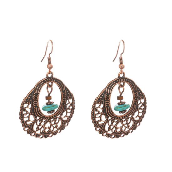 Bohemian Vintage Turquoise Oval Geometric Pendant Earrings Women Hollow Earrings Retro National