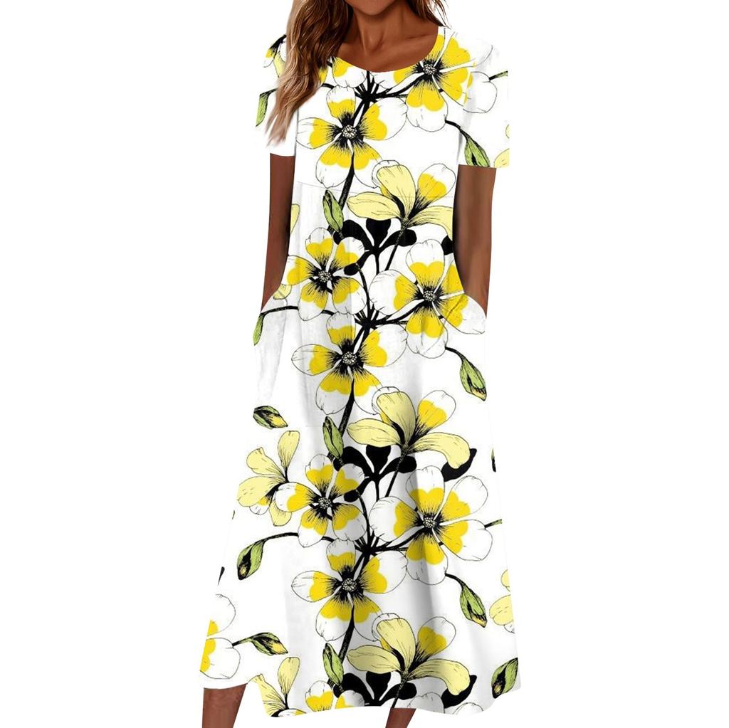 Summer Dress For Women Casual Printed V-Neck Short-Sleeve Beach Swing Dress