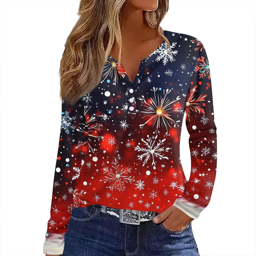 Женская футболка с рождественским принтом на пуговицах с длинным рукавом, повседневная, выходного дня, модная, базовая, с V-образным вырезом, обычная