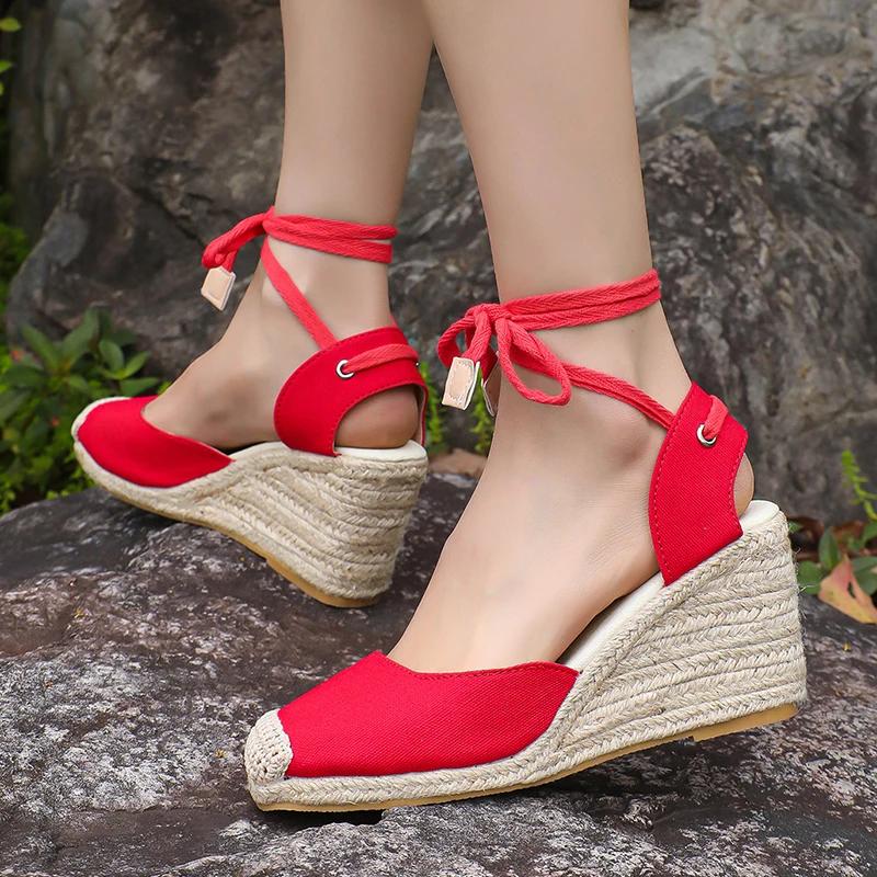 Ankle Lace Up Wedges Sandals Women Summer Closed Toe Espadrille Platform Sandles Woman High Heels Gladiator Sandalias Mujer 43