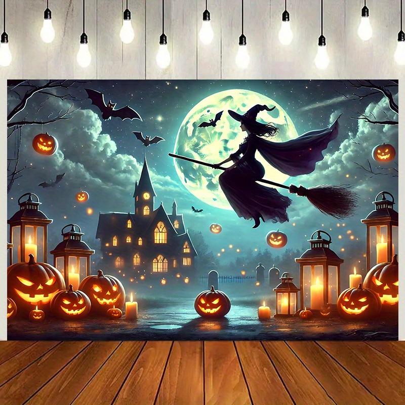 2D flat background depicting a flying witch and a Halloween moonlight scene made of bright polyester.zyc