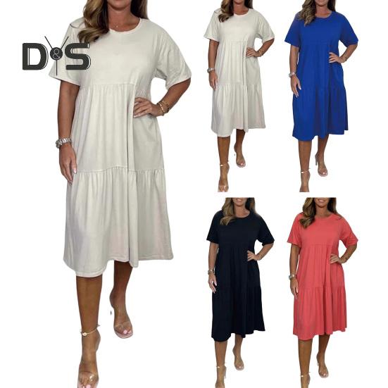 Женское летнее повседневное платье с коротким рукавом, струящееся А-силуэта, многоуровневое платье миди с круглым вырезом, пляжный свободный сарафан для отпуска и путешествий