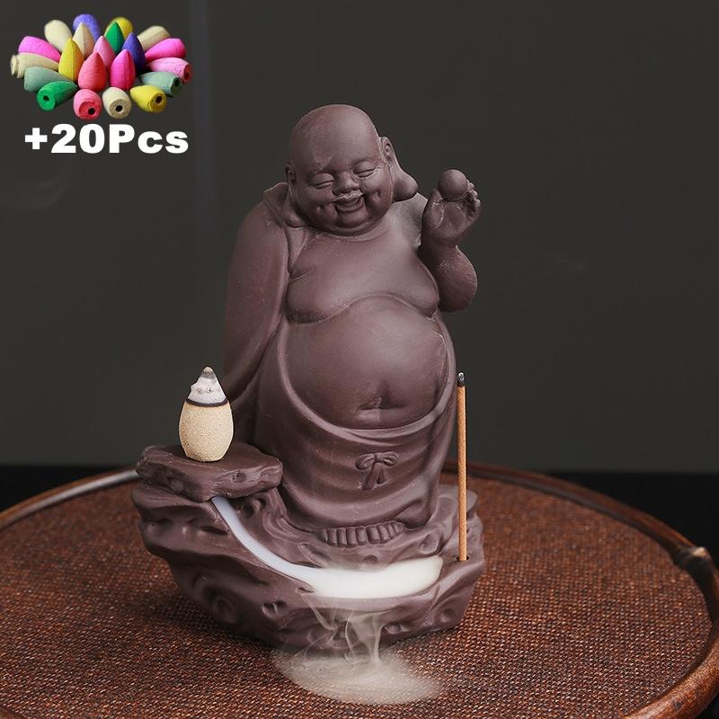 Maitreya Buddha Lucky Home Ornaments Purple Clay Waterfall Backflow Incense Burner Incense Stick Holder Censer