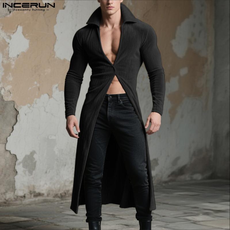 INCERUN Men Autumn Winter Long Sleeve One Button Casual Split Texture Long Tunic Tops Cardigan