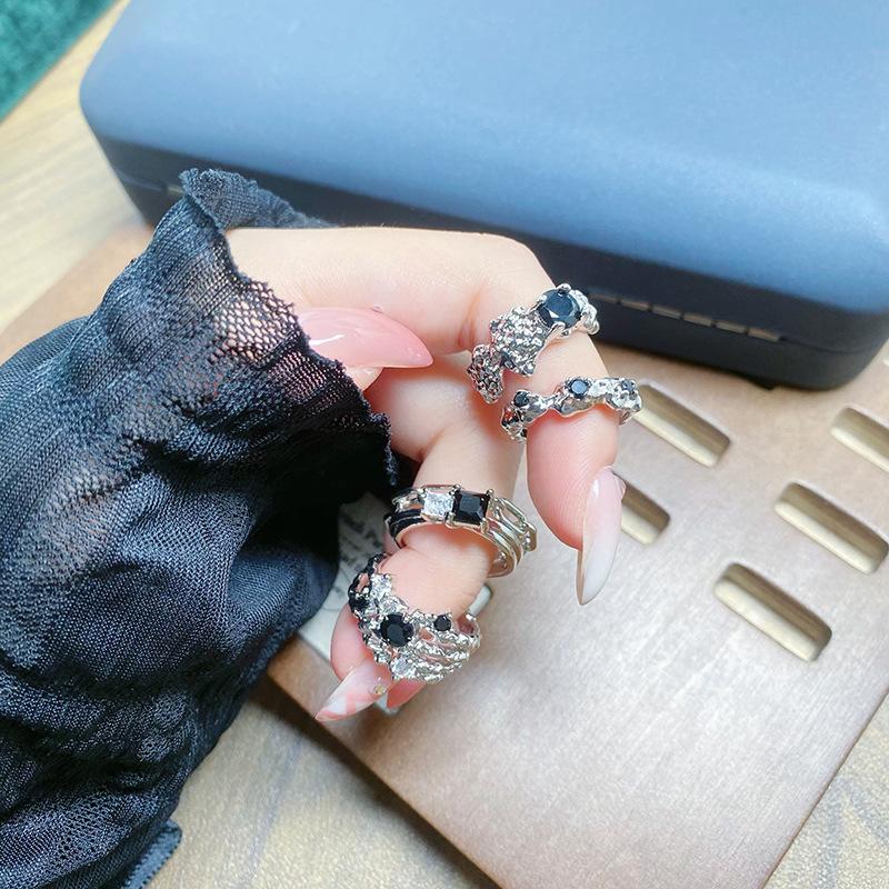 Punk Personality Dark Wind Black Zircon Irregular Opening Ring Female Niche Design Exquisite Stacked Ring Female