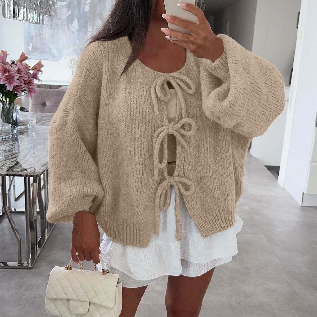 Women‘s Round Neck Long Sleeve Lace-Up Fitted Cardigan Coat