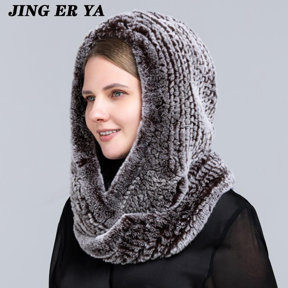 JINGERYA новая женская вязаная шапка с мехом кролика рекс, шарф с капюшоном, длинная зимняя теплая меховая шапка с шейным воротником, шарфы, шапка, шарф