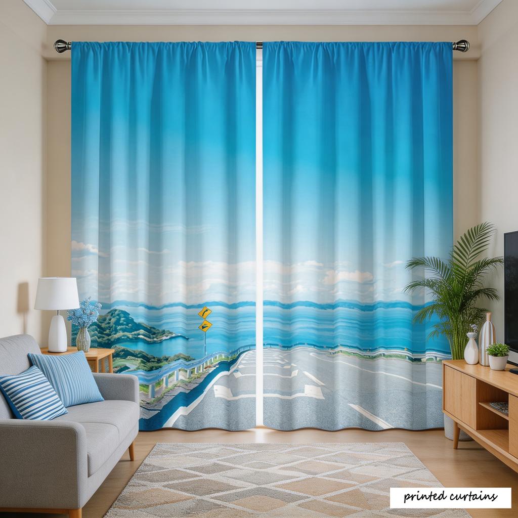 2PCS Seaside Coastal Highway Scenic Print Curtains Floral Window Treatment Applicable to Print Curtains for Home Decor