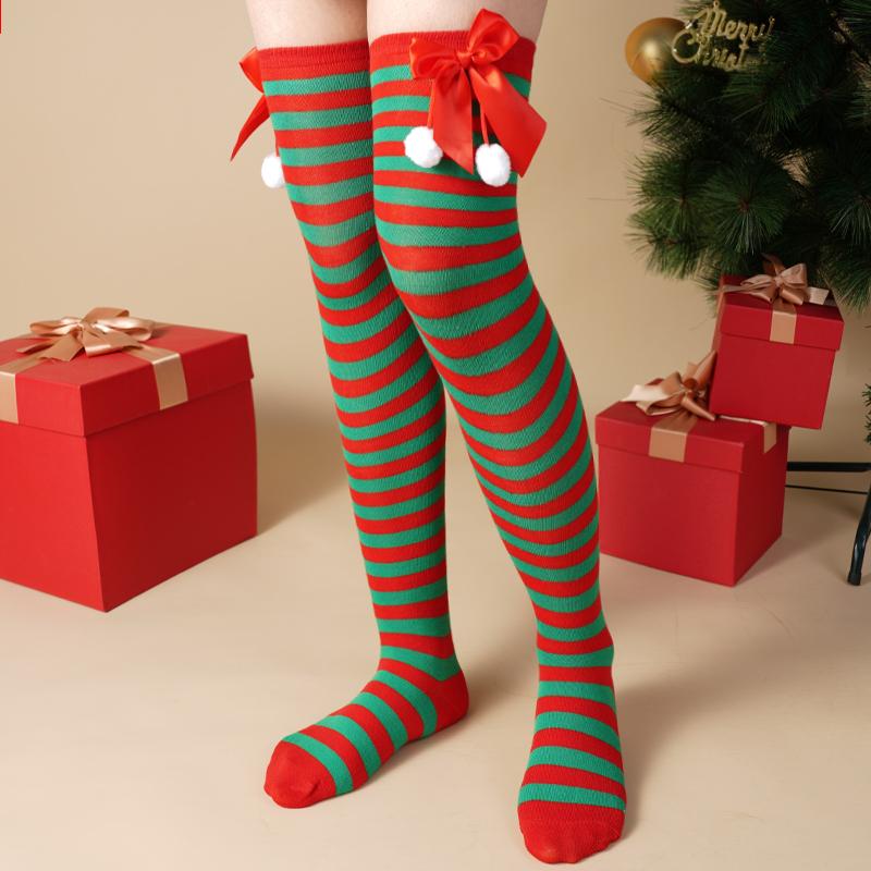 Рождественские хлопковые чулки зеленого и красного цвета в полоску выше колена с бантом, длинные носки 70 см