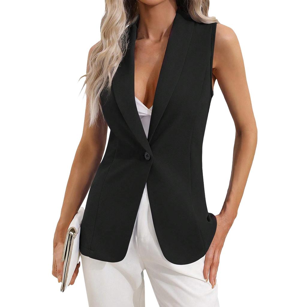 Women's Fashion Solid Color Cardigan Single Button Jacket Sleeveless Round Neck Coat