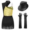 Womens Latin Jazz Dance Outfit Cutout Sleeveless Leotard Shiny Sequins Contrast Color Patchwork Fringed Bodysuit Gloves Hat