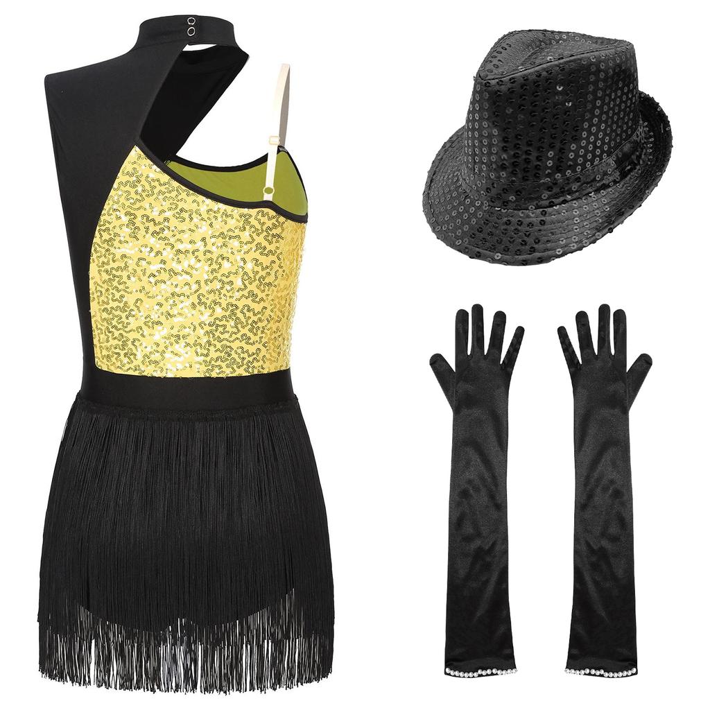Womens Latin Jazz Dance Outfit Cutout Sleeveless Leotard Shiny Sequins Contrast Color Patchwork Fringed Bodysuit Gloves Hat