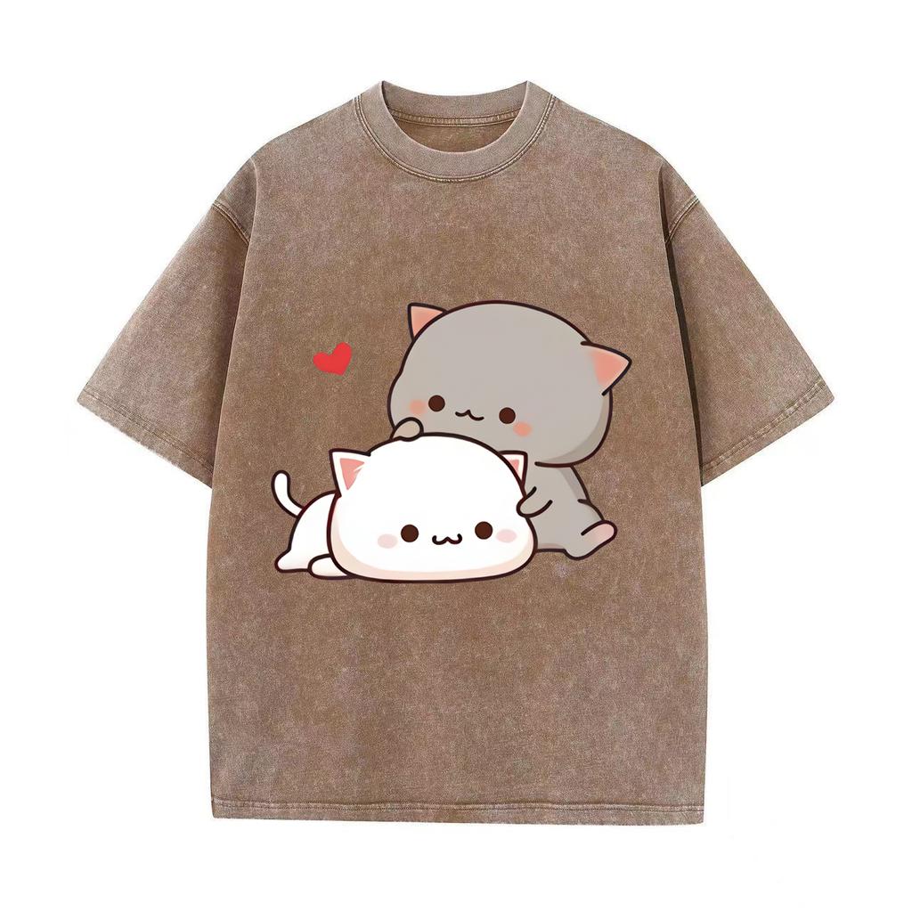 Футболка с аниме Kawaii Girl, флисовая футболка Harajuku, свободный повседневный свитер, милая парная футболка для подарка на День святого Валентина, винтажная футболка в стиле ретро с эффектом потертости