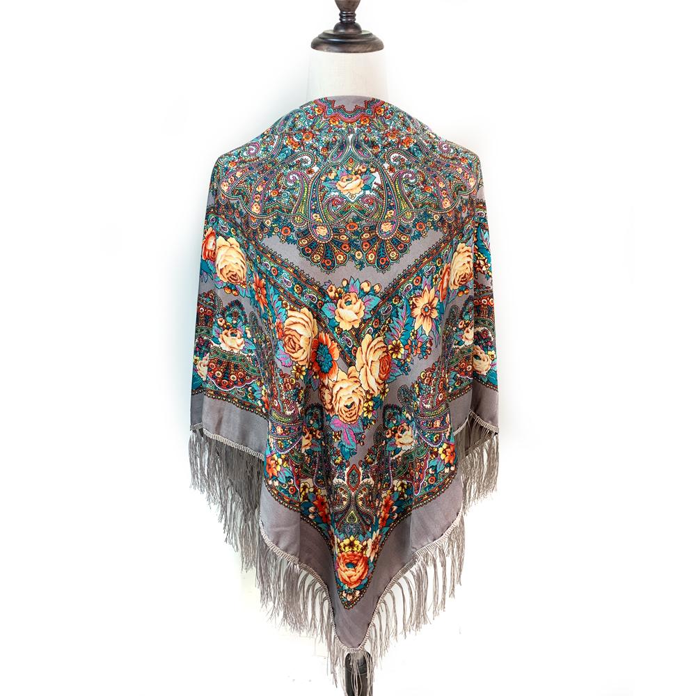 130*130cm Russian National Square Scarf Women Luxury Floral Print Fringed Ukrainian Shawl Babushka Handkerchief Head Wraps