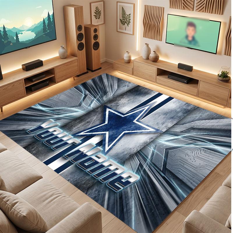 Dallas Cowboys Personalized Crystal Velvet Carpet, Customized Name Text Soft Anti‑Slip Rug for Living Room Bedroom